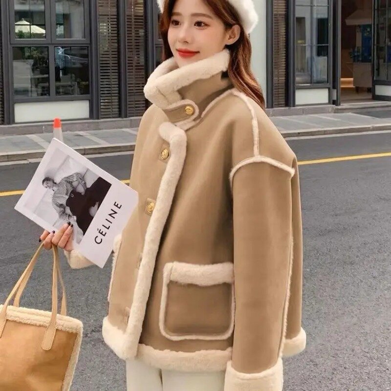 Winter Warm Fake Fur Integrated Women's Jacket Button Lamb Wool Thickened Cardigans Casual Fashion Long Sleeve Pocket Coat N87