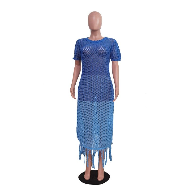 Changing Color Tassel Knitted Summer Beach Dress Women Fashion Hollow Out Short Sleeve High Stretch Long Holiday Cover Ups