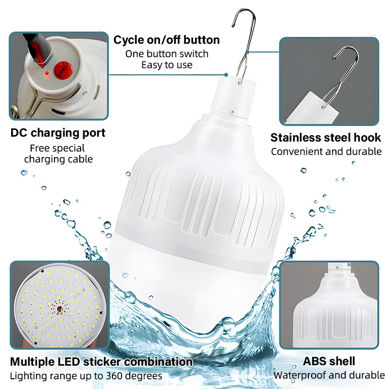 Bombillas LED recargables por USB para exteriores, luz de emergencia, gancho para tienda de campaña, pesca, barbacoa, linterna de iluminación portátil, luces nocturnas