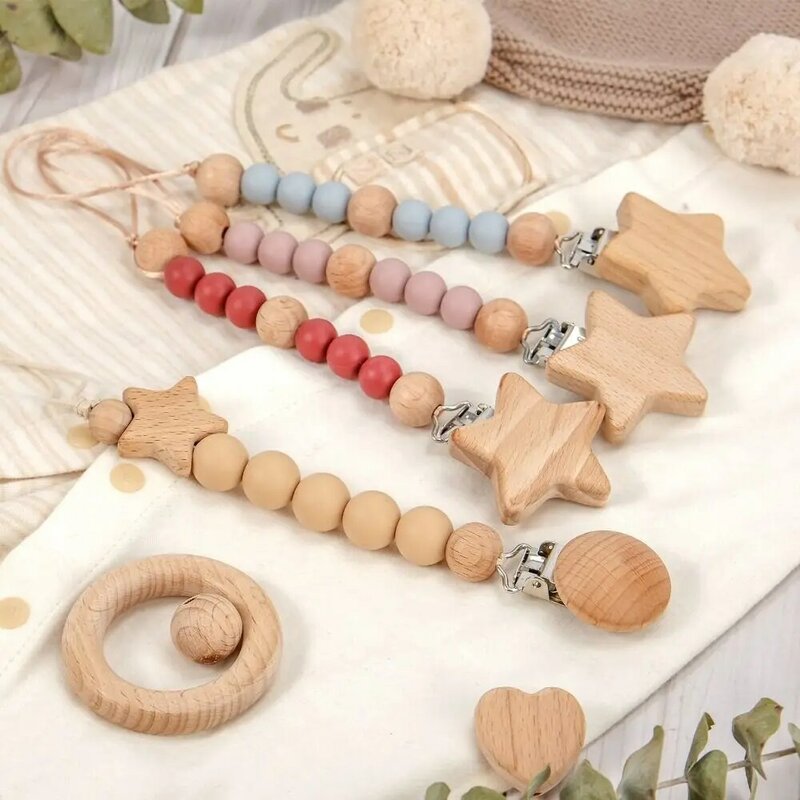 Wood Pacifier Holder Clips Star Soother Holder Baby Teether Toys Straps Dummy Clips Nipple Holder Clips Baby Pacifier Chain