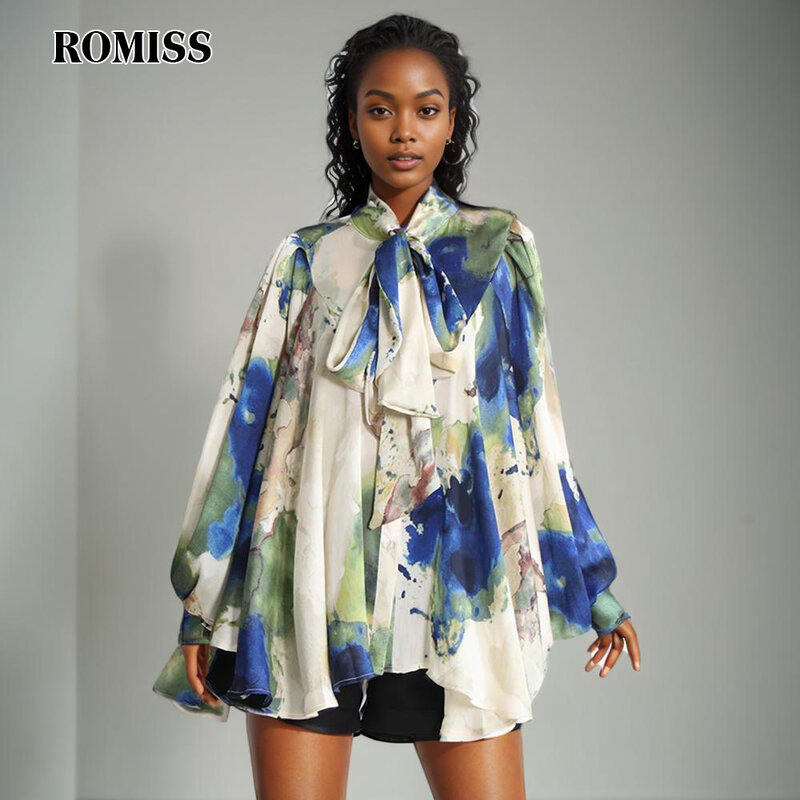 ROMISS Print Vintage Blouse For Women Bowknot Collar Lantern Sleeve Colorblock Loose Shirts Female Clothing Style Fashion
