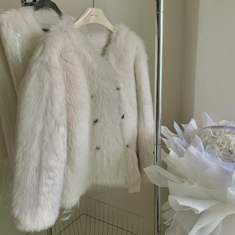 Damski jesienno-zimowy gruby ciepły płaszcz ze sztucznego z futra lisa z długim rękawem damska Streetwear dwurzędowa luźna rozmyta kurtka ze sztucznego futra