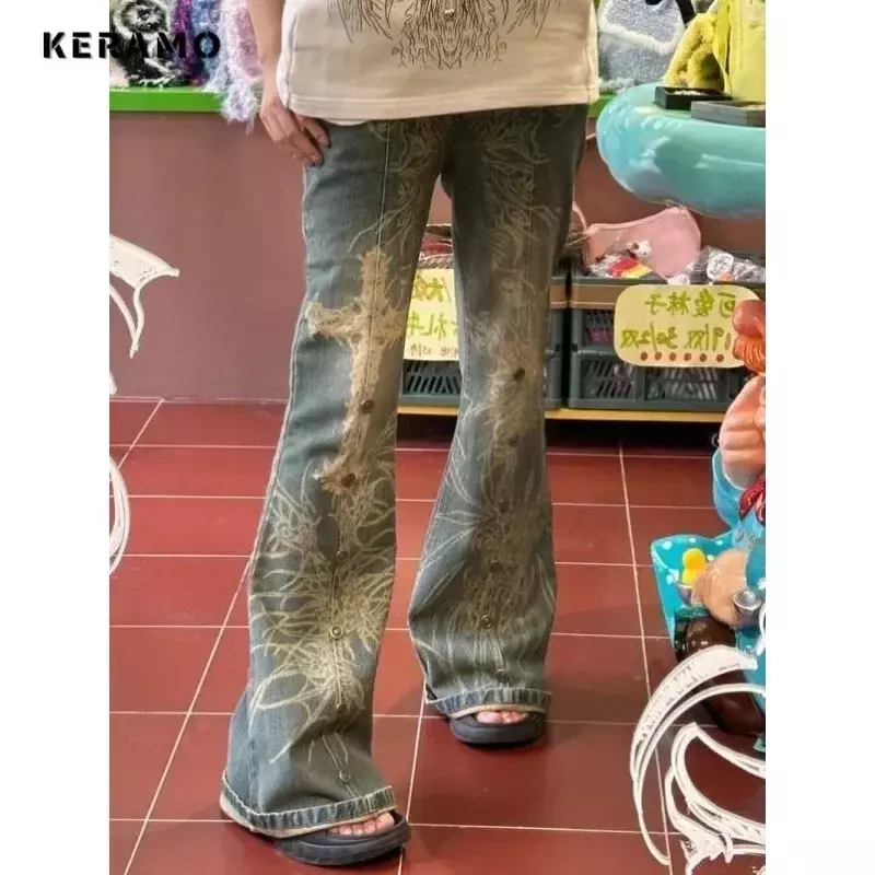 Pantalones vaqueros rectos de cintura alta para mujer, Vaqueros Retro Y2K con estampado de pierna ancha, Estilo Vintage americano, a la moda, 2024