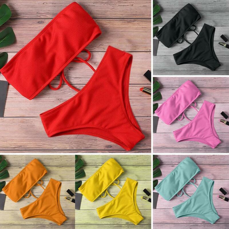 ملابس السباحة النسائية المبطنة ، سروال السباحة العصابة ، مجموعة بيكيني مقسمة مع وسادة الصدر ، قمة الأنبوب ، ملابس الشاطئ