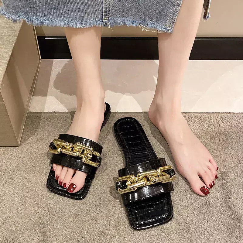Sliver Outside Indoor Open Toe Home Women's Slippers and Ladies Sandals Sexy Slides Leather Flat Shoes Waterproof Unique Trend F