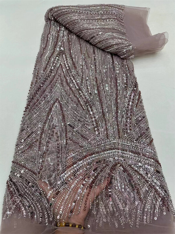 Tela de encaje africano con lentejuelas 3D de perlas de lujo, bordado de malla de alta calidad, tela de encaje con cuentas de lujo para vestido de noche de boda