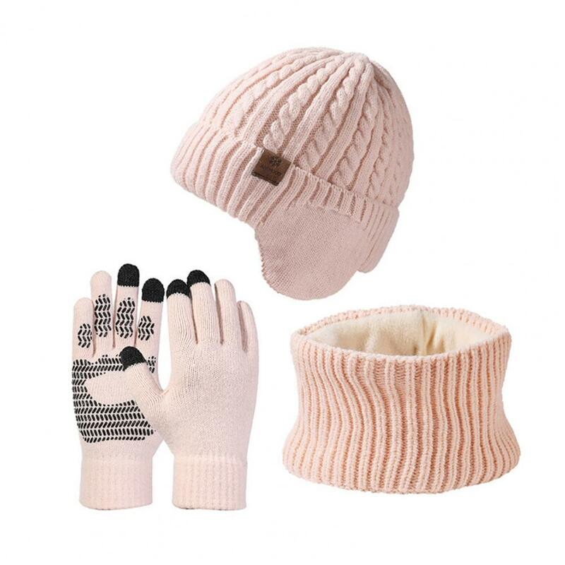 3Pcs/Set Men Women Fleece Lining Hat Scarf Gloves Set Ear Protection Knit Skull Hat Touch Screen Mittens Neck Warmer Set
