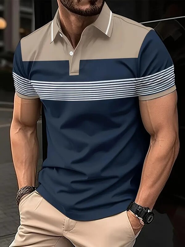 Мужская футболка-поло в полоску, с коротким рукавом и принтом
