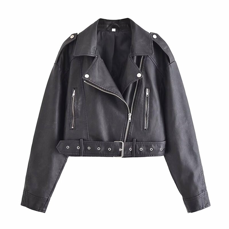 SUSOLA-Jaqueta curta de couro sintético feminino com cinto, streetwear solto vintage, casaco com zíper feminino, tops retrô de motociclista moto, outwear