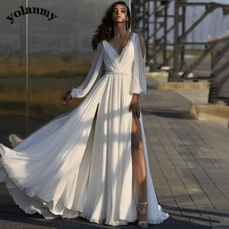 YOLANMY Elegant Deep V-Neck Wedding Gown For Bride Zipper A-Line Full Sleeve Backless Charming Side Slit Belt  Robe De Mariée