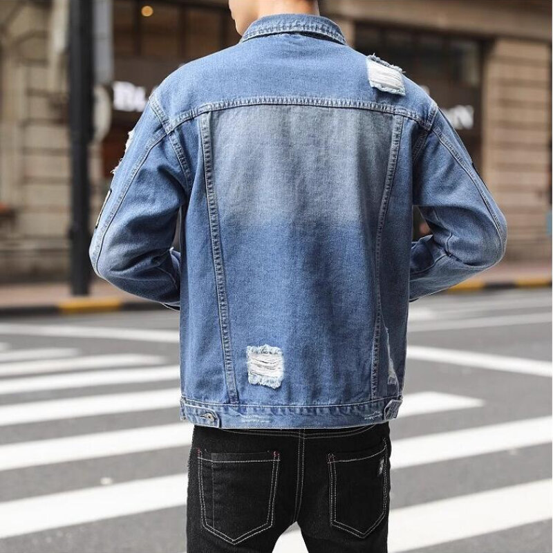 Мужская джинсовая куртка, уличная одежда в стиле хип-хоп, мотоциклетная джинсовая куртка с разрезом и принтом, модная и высококачественная мужская одежда с перфорацией
