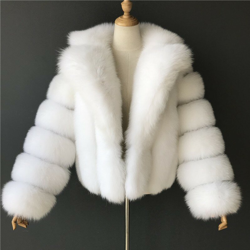 Casaco de inverno feminino, casaco de pele falsa de raposa, lapela grossa quente, manga longa, branco, fofo, marrom