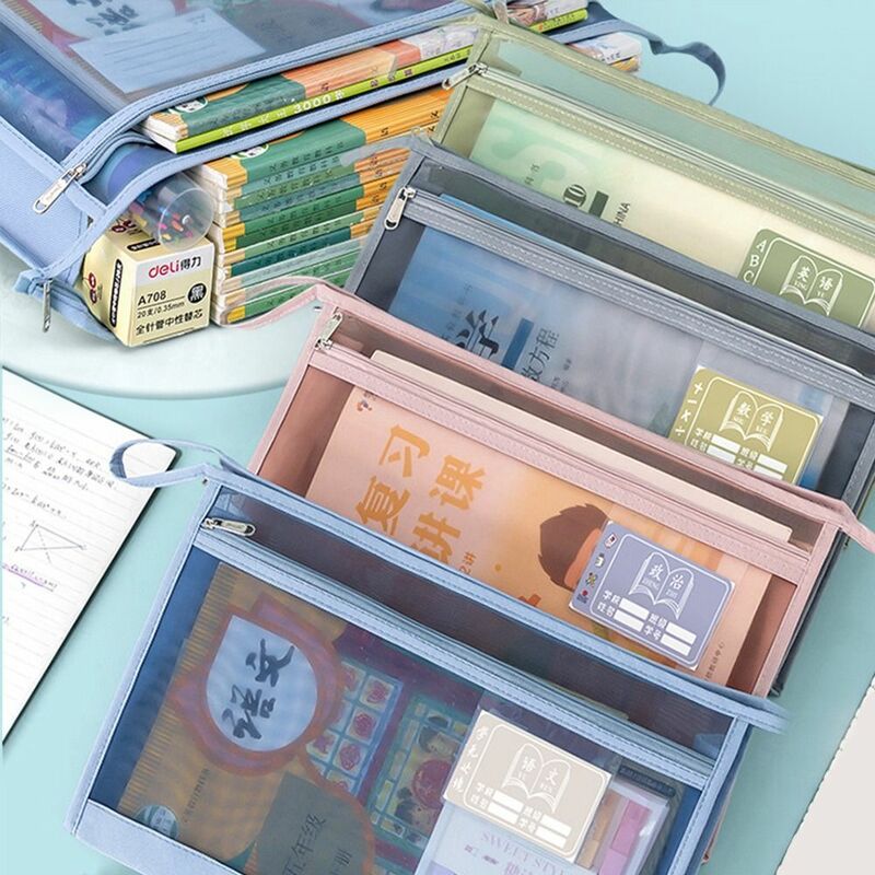 Portable Stationery Storage Bags Student Textbook Test Paper Folder Zipper Storage Bag A4 Mesh File Folders Document Bag