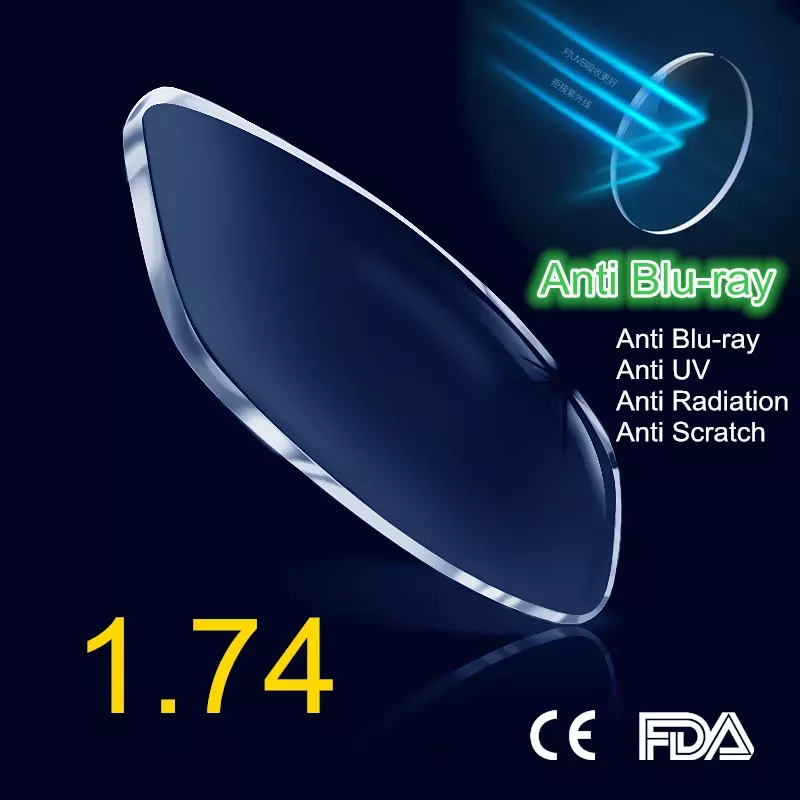Gafas asféricas de resina con bloqueo de luz azul, lentes para miopía, hipermetropía y presbicia, 1,74 de prescripción, CR-39