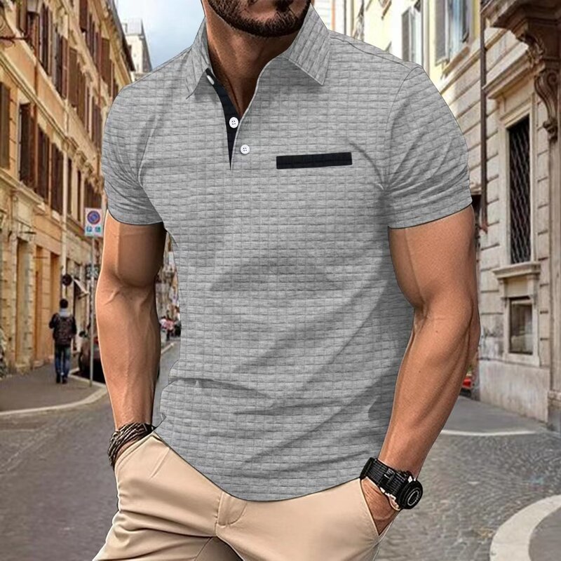 Camisa polo casual de manga curta masculina, camiseta na moda do escritório, polo xadrez jacquard respirável, roupa masculina, verão