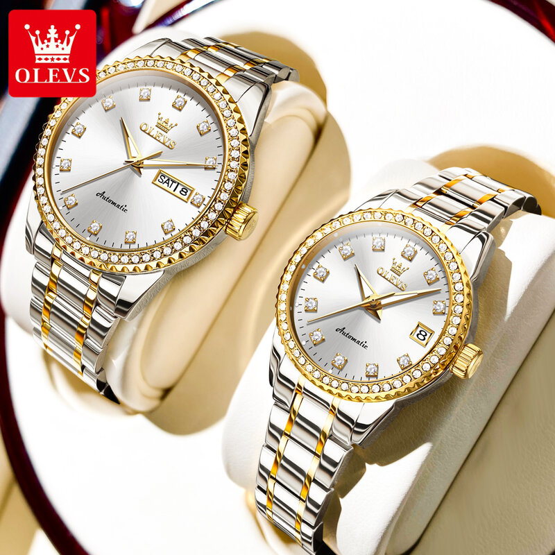 Olevs-男性と女性のためのメカニカル腕時計、ステンレス鋼、防水、日付、高級ダイヤモンド、自動腕時計、カップルファッション、新しい