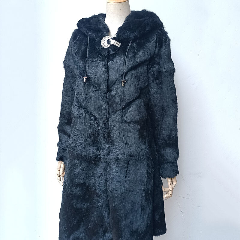 2024 warme Frauen Winter lange echte Kaninchen Pelzmantel mit Kapuze Langarm weibliche Kapuze echte Kaninchen Pelz Jacke Outwear