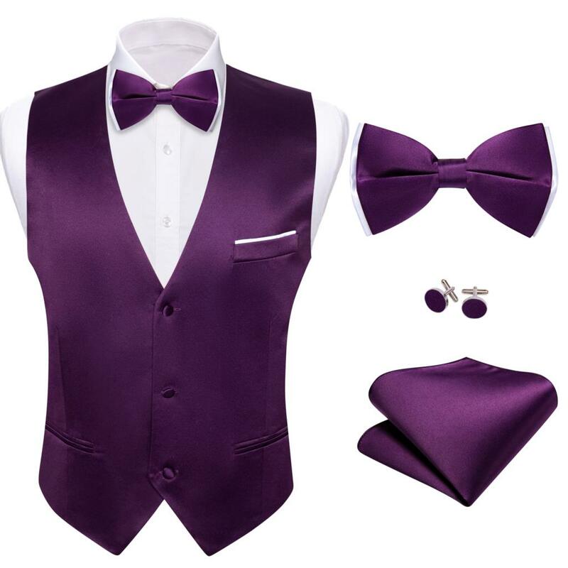 Elegant Vest for Men Purple Silk Solid Wedding Party Waistcoat Bowtie Set V Neck Male Sleeveless Jacket Barry Wang