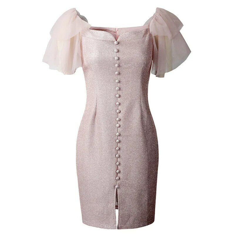 New One-Shoulder Ladies Temperament Dress Women's Slim Pink Single-Breasted Decorative Small Dress Sweet Style