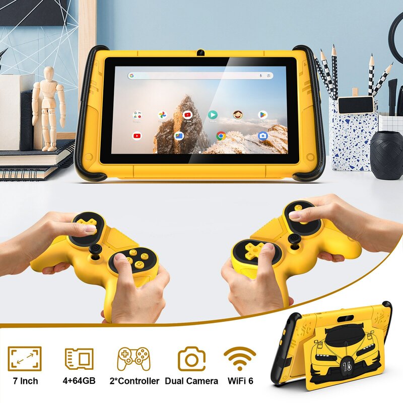 PRITOM-Tableta Android 12 de 7 pulgadas para niños, 4GB de RAM, 64GB de ROM, Software preinstalado para niños, WiFi, con funda con forma de coche deportivo genial
