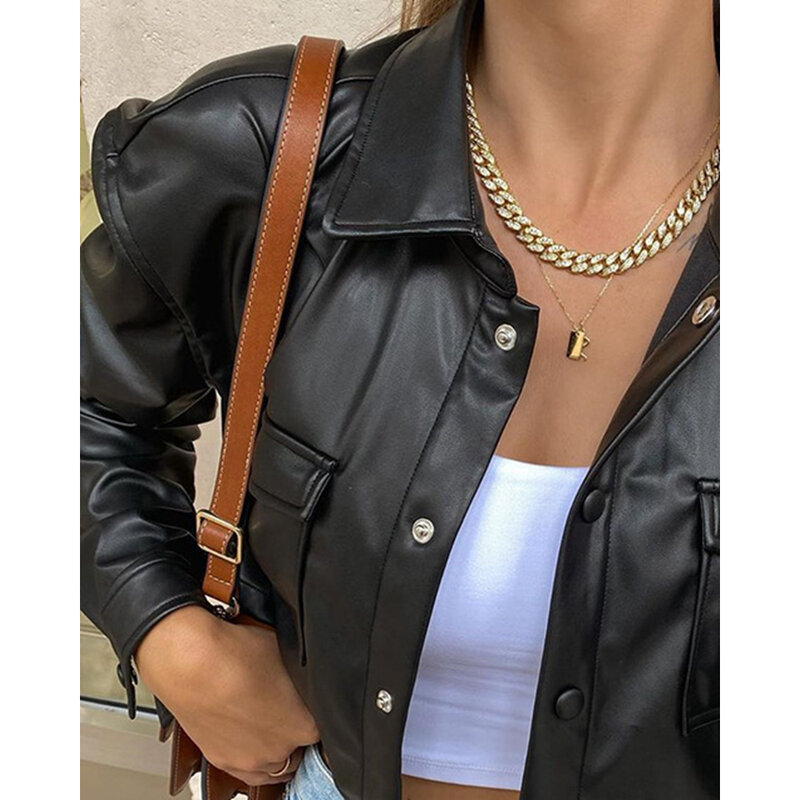 Autumn Fashion Women Pu Leather Jackets Femme Casual Long Sleeve Turn-down Collar Coat Pocket Design Outfits Bomber Jackets traf