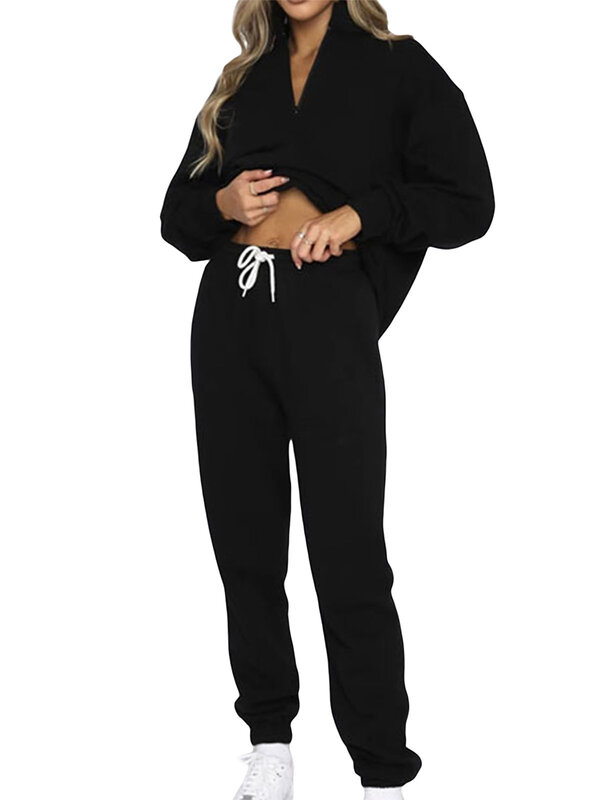 Fato de treino casual feminino, manga comprida, pulôver e calça jogger com fecho trimestre, roupa esportiva elegante, outono