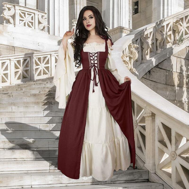 Medieval Punk Robe Cosplay Halloween Costumes Women Patchwork Vintage Renaissance Medieval Court Loyal Maxi Dress
