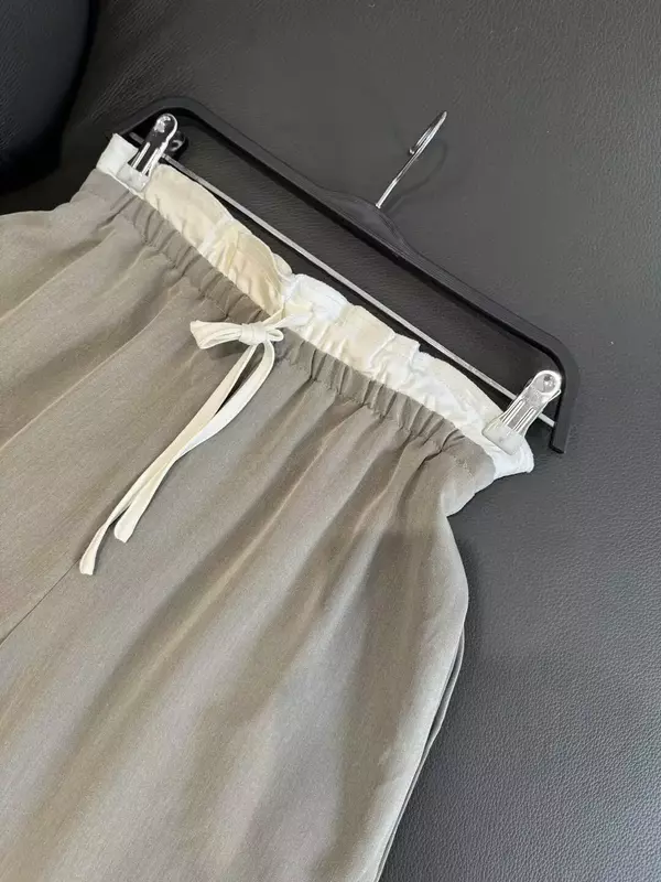 Nowa moda damska plisowana satynowa ozdoba talii luźna na co dzień szerokie nogawki spodnie Retro wysoki stan boczna kieszeń spodnie dla kobiet Mujer