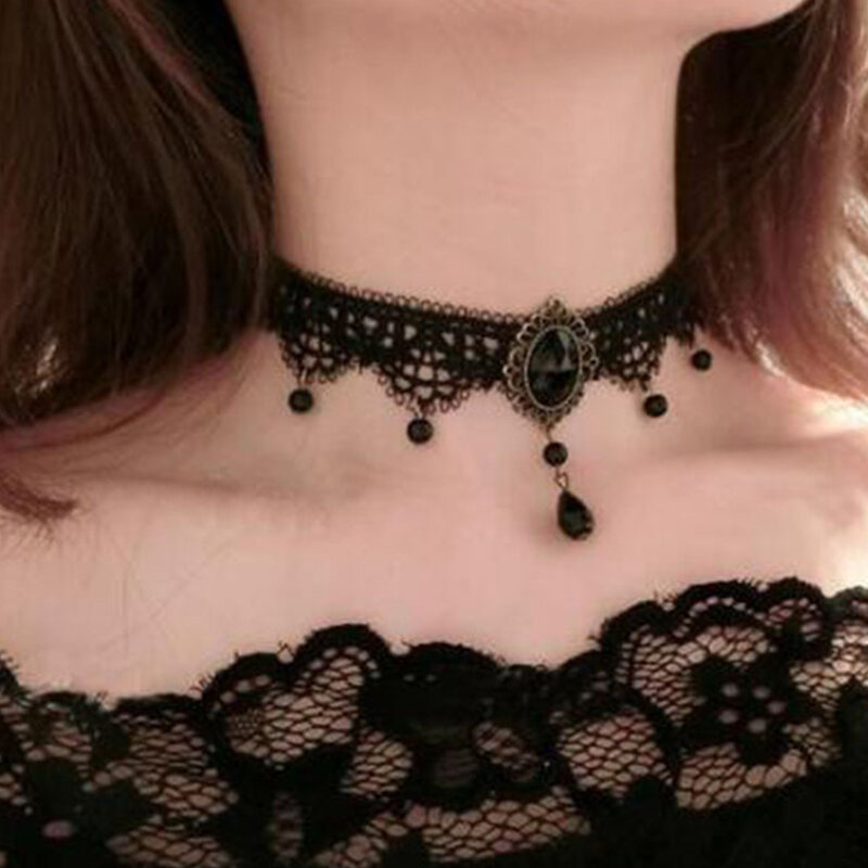 Gargantilla gótica de cristal negro para mujer, collar de cuello de encaje, Gargantilla victoriana Vintage, joyería Steampunk, nuevo, 1 unidad