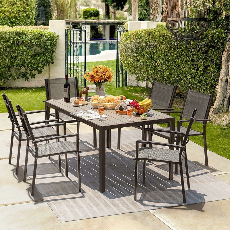 Patio Dining Set com cadeiras empilháveis Textilene, Outdoor Bistro Furniture, mesa grande para quintal, jardim, varanda e piscina