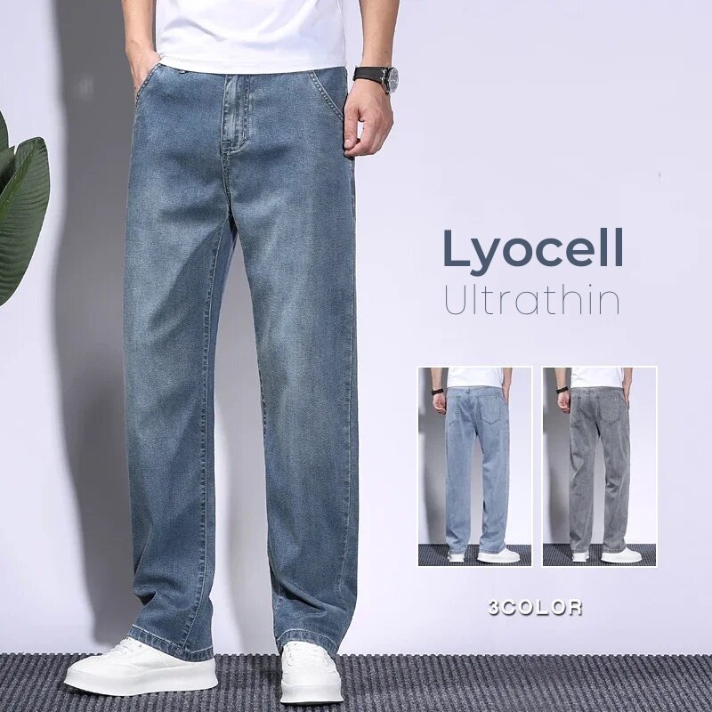 New Soft Men's Lyocell Baggy Jeans Thin Summer Loose Straight Pants Vintage Business Casual Fashion Korea Trousers