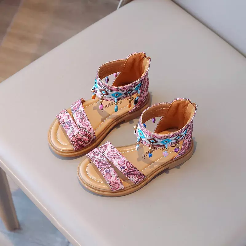 Sandali per bambini per ragazze estate principessa stile boemia sandali piatti moda retrò nappa bambini causale Open-toe sandali romani