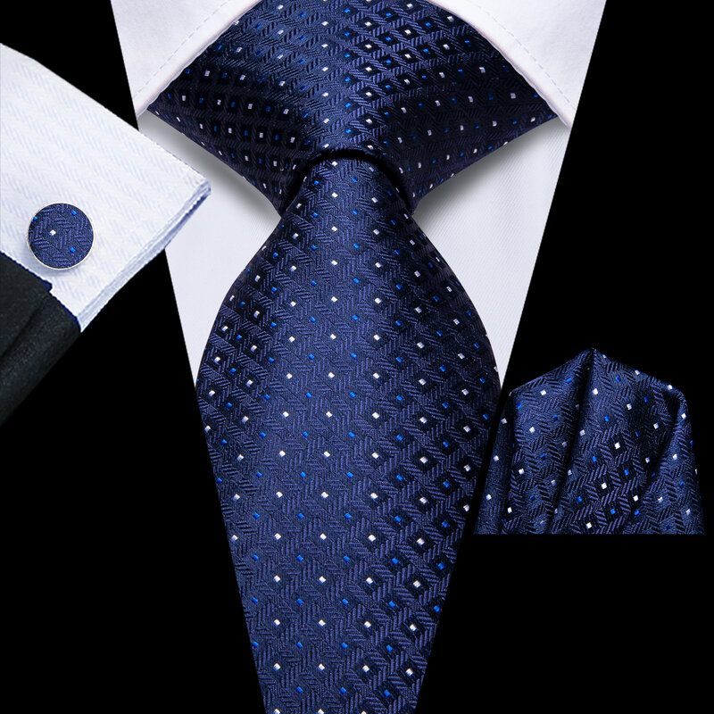Hi-Tie Designer Dot Navy Blue Elegant Tie for Men Fashion Brand Wedding Party Necktie Handky Cufflink Wholesale Business