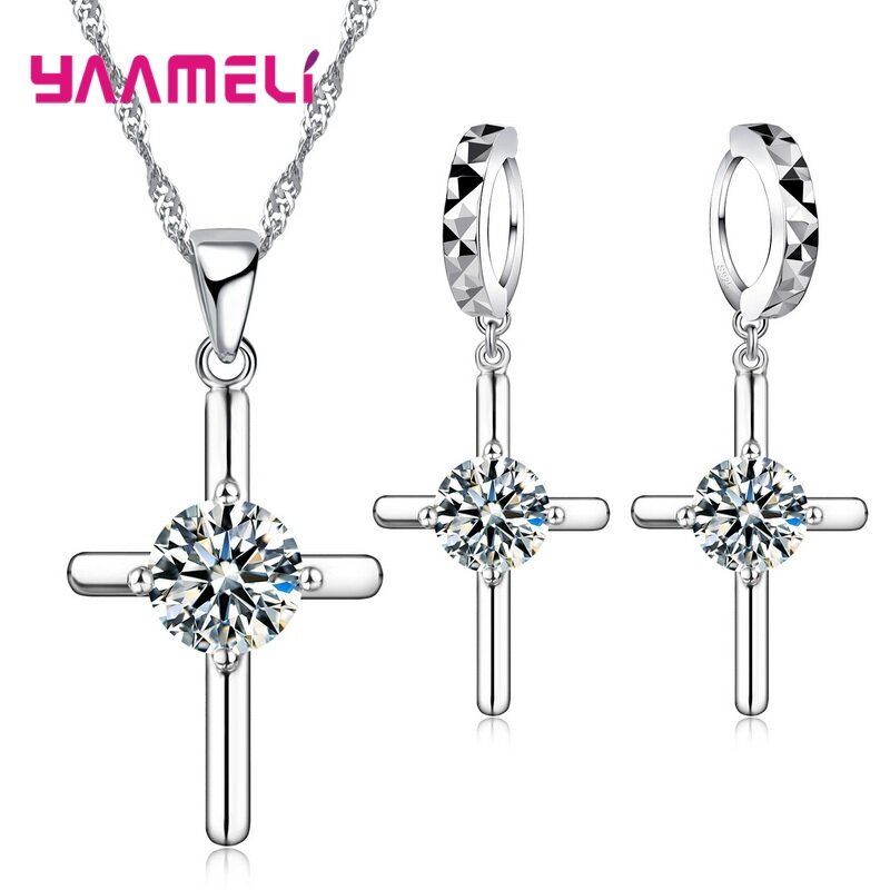 Shiny Crystal Zircon 925 Silver Different Style Pendant Necklace Earring Jewelry Set Noble Fashion Elegant for Women Girl Gift