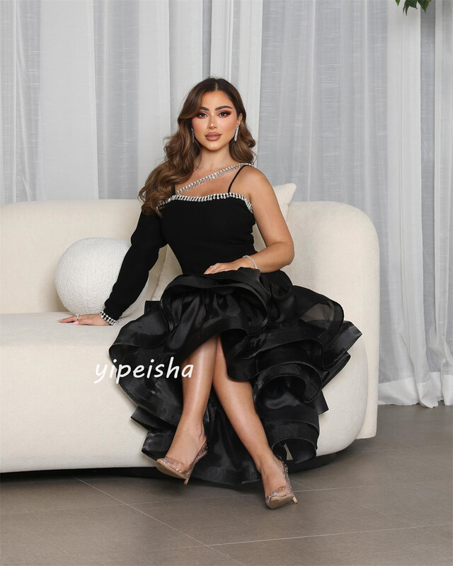 Jersey Rhinestone Handmade Flower Tiered Prom A-line One-shoulder Bespoke Occasion Gown Midi Dresses