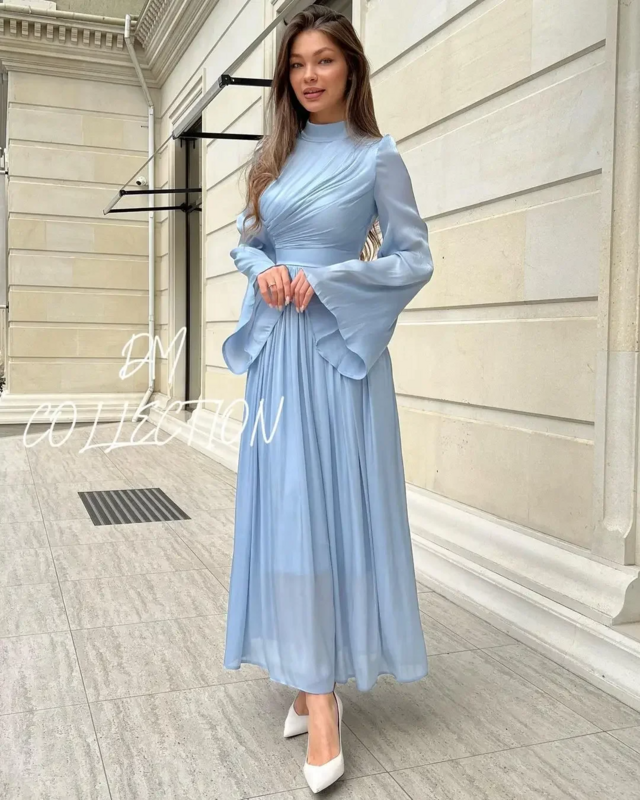 Suknia wieczorowa saudyjska błękitna z długim rękawem z okrągłym dekoltem damska suknie balowe do kostek formalna okazja sukienka imprezowa