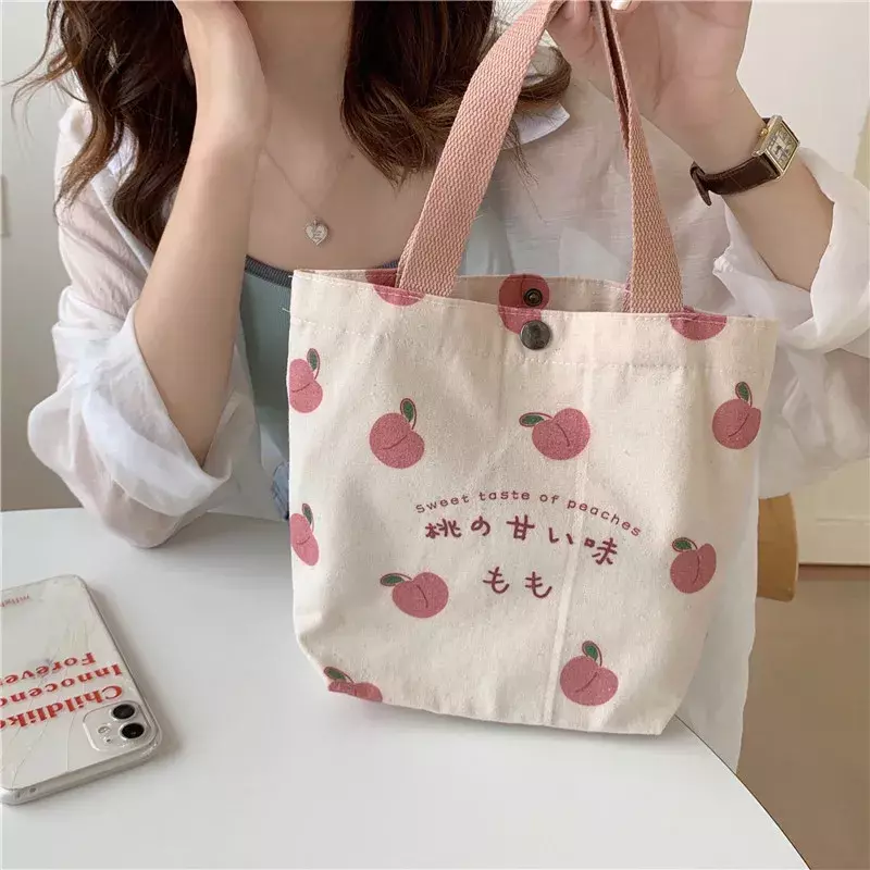 Mała płócienna torba damska torba na żywność japońska brzoskwiniowa torebka na Lunch koreańska Mini torebka studencka piknik z tkaniny bawełnianej
