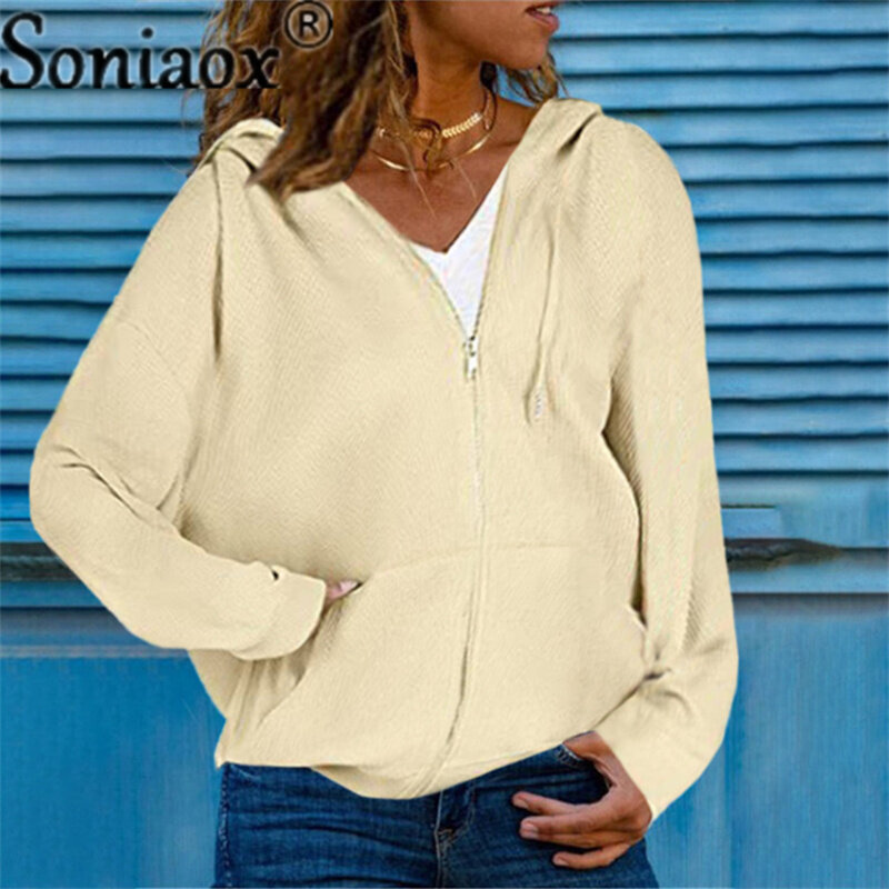 Moda cor sólida zíper cardigan hoodie feminino solto algodão topos commuter bolso splicing mangas compridas moletom feminino 5xl