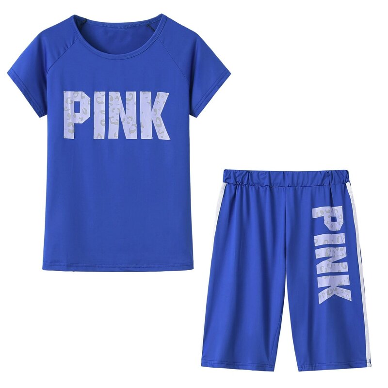 Fanco-캐주얼 핑크 글자 인쇄 여성용 투피스 세트, 여름 섹시한 줄무늬 티셔츠와 스키니 팬츠, 2 피스/세트