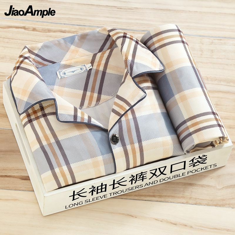 100% Upscale Men's Pajamas 2022 Autumn Winter Cotton Long Sleeved Trousers Pijamas Homewear 2 Piece Korean Elegant Sleepwear Set