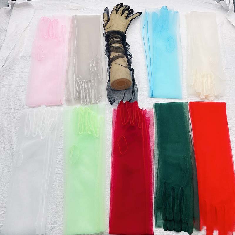 Fashion Long Sheer Tulle Gloves Wedding Bride Dress Gloves Sexy Lace Transparent Ultra Thin Mitten Bridal Elbow Long Gloves