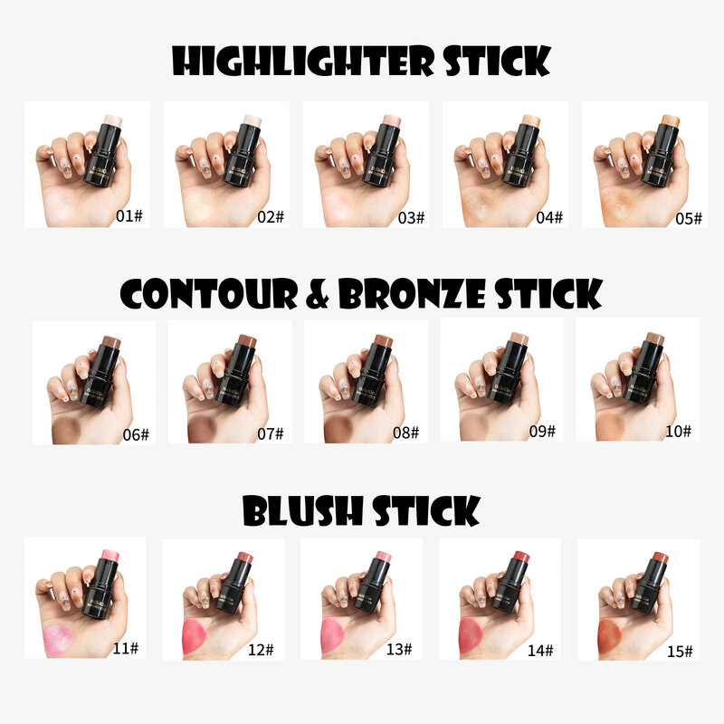 Contour Stick,Highlighter Stick,Blush Stick 15 Color Cream Contour Kit, Non-greasy, Waterproof Long-lasting Create Face Contour