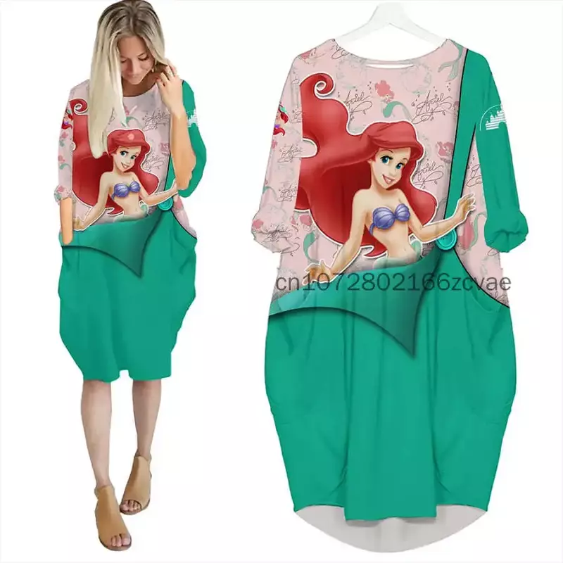 Disney-vestido de bolso para mulheres, a pequena sereia Ariel, vestido solto extragrande, mangas compridas, moda desenho animado, vestido versátil