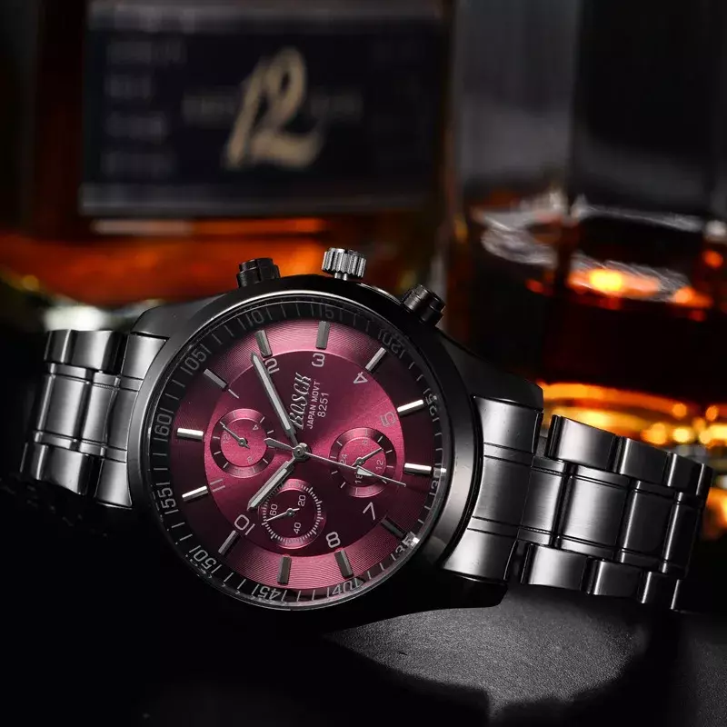 최고 브랜드 남자 쿼츠 시계 스테인레스 스틸 블랙 밴드 손목 시계, 방수 군사 시계