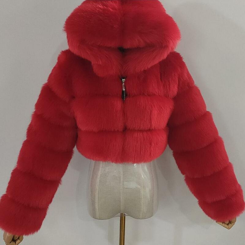 Chaqueta corta de piel de zorro sintética para mujer, abrigo corto esponjoso con capucha y cremallera, abrigos gruesos y cálidos de lujo para invierno