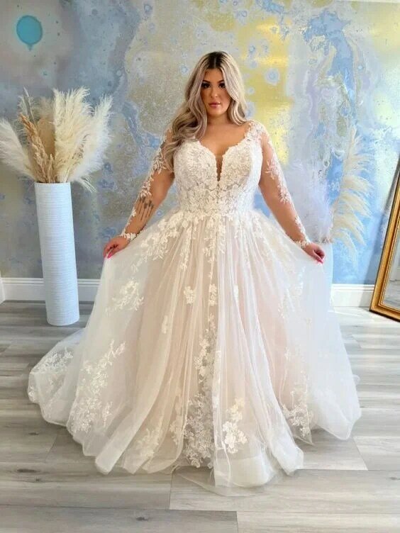 Suknie ślubne z długimi rękawami dla kobiet Plus rozmiar suknia dla panny młodej szata z Boho Boho koronkowa suknia ślubna na plażę