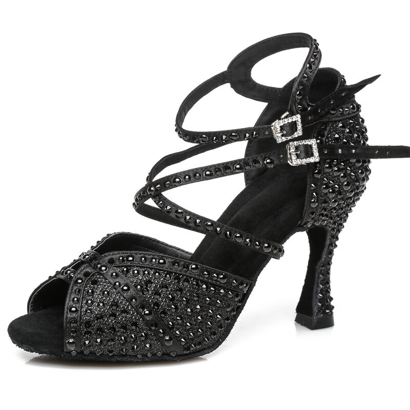 Juerting-zapatos de baile latino para mujer, calzado de baile de salón con perlas de seda y diamantes de imitación, suela suave, tacón alto, 2022