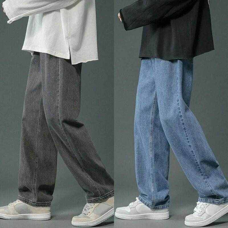 Jeans masculino clássico de perna reta com bolsos, calça jeans de perna larga, estilo hip-hop, lavada para primavera