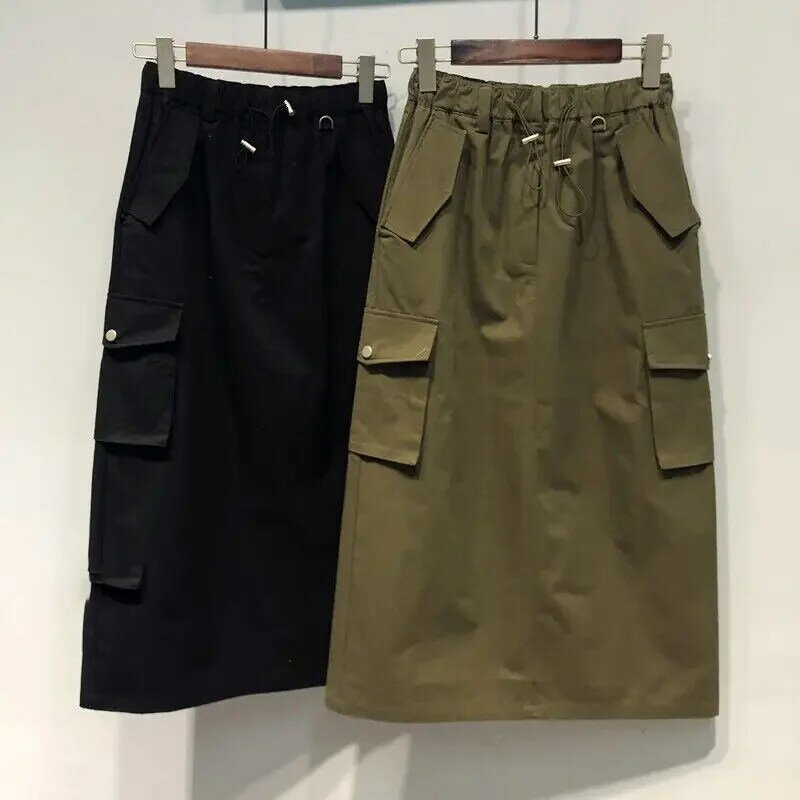 New Cargo Skirts for Women Y2k Long Skirts Elastic Waist Spring Summer Drawstring Girls Full Length Skirt Black