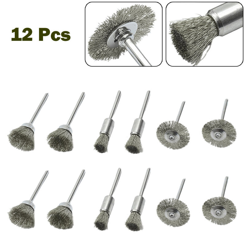12 Pcs Drill Brushes Copper Wire Brush Mini Brush Bowl Straight T-shaped Round Shank For Metal Polishing Grinding Rotary Tools
